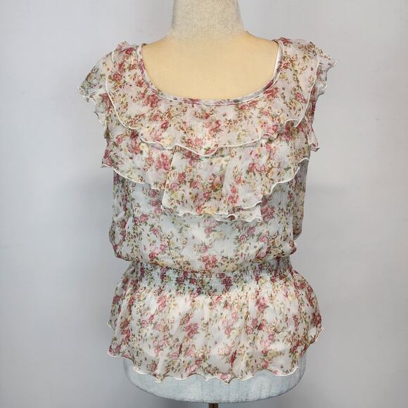 Iz Byer Floral Chiffon Flutter Blouse Size XL Fairy Cottage Coquette Vtg Y2K - Picture 1 of 13